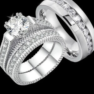 NEW Diamond Simulant Engagement Band Ring Set